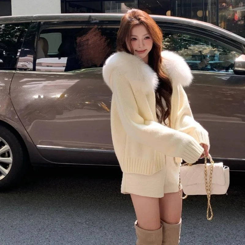 New Autumn and Winter Models Fur Neck Sweater Hooded Coat Female Lazy Wind Knit Cardigan Zipper Sweater Thick Blouse