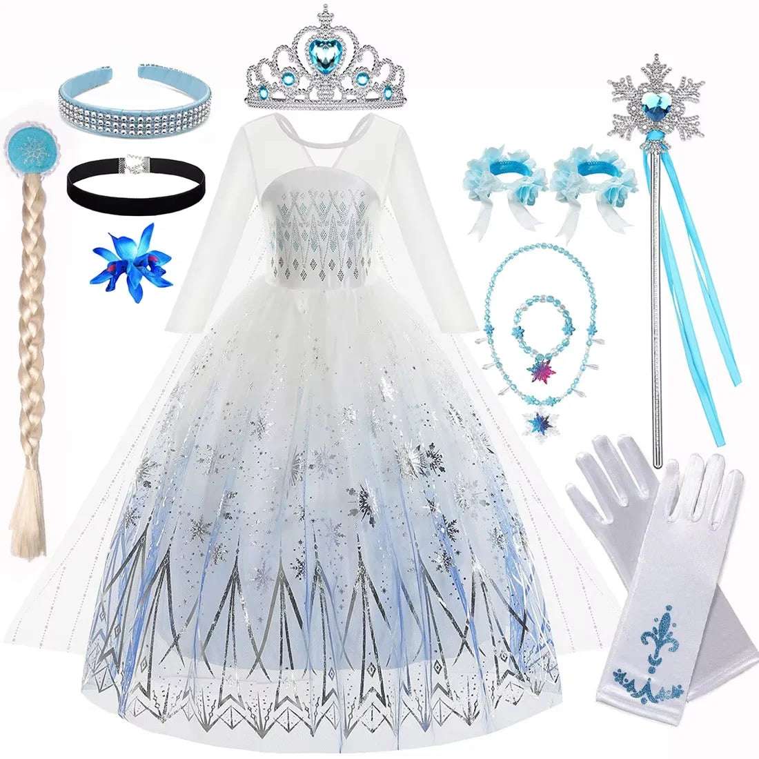 Disney Elsa Princess Dress For Girl White Printed Long-Sleeved Lace Dress Festive Party Gift Set Frozen Dress Fire Spirit Olaf
