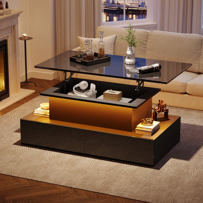 High‑Gloss Black Coffee Table 90×55×41cm, App‑Controlled RGB LED Light, Handle‑Less Click‑to‑Open Drawers, Silent‑Glide Extendable Top with Hidden Storage, Particle Board Multi‑Function Living Room Table Max L