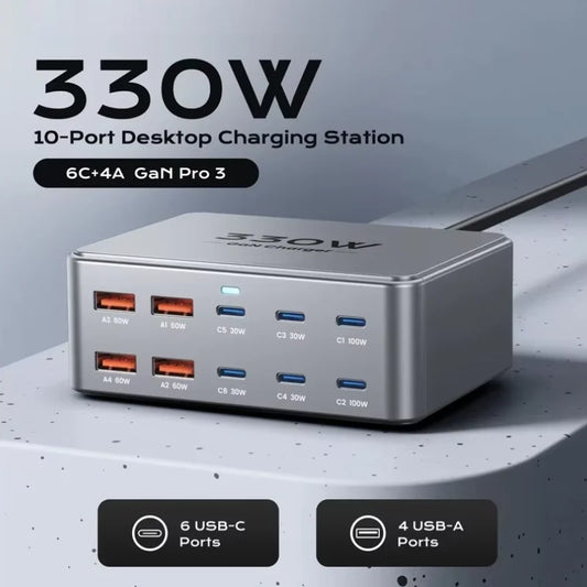 330W GaN USB C Charger, 100W PD3.0 PPS Fast Charging Station with 4-Port (3x USB-C, 1x USB-A). Compact Desktop Power Adapter for