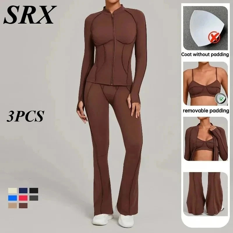 3PCS Women's Seamless Yoga Sets Sports Jackets Bra Flared-pants Suits Slim Fit Hip-Lifting Tracksuits Fitness Gym Workout Sets