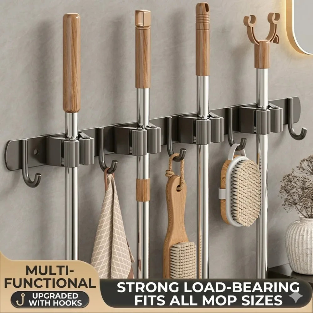 Stainless Steel Mop Broom Holder Wall Mounted No-Drilling Self Adhesive Heavy Duty Utility Storage Rack Garage Garden Organizer
