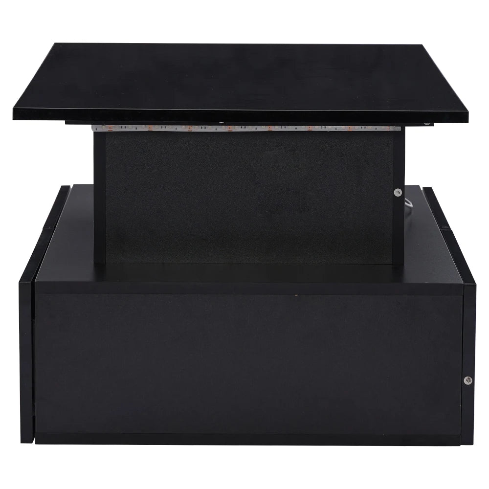 High‑Gloss Black Coffee Table 90×55×41cm, App‑Controlled RGB LED Light, Handle‑Less Click‑to‑Open Drawers, Silent‑Glide Extendable Top with Hidden Storage, Particle Board Multi‑Function Living Room Table Max L