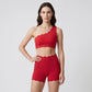 Women One Shoulder Scalloped Trim Sports Bra High Waist Scalloped Yoga Shorts 2 Pcs Workout Set Squat Proof Gym Pilates Outfit