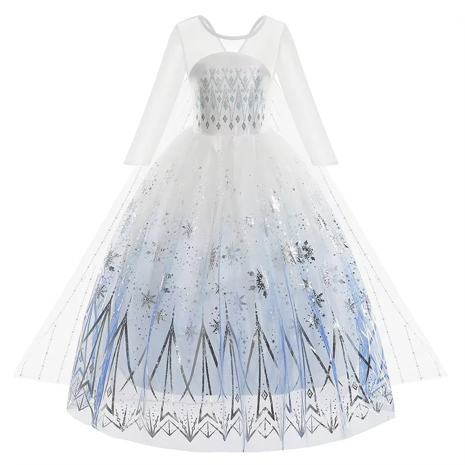Disney Elsa Princess Dress For Girl White Printed Long-Sleeved Lace Dress Festive Party Gift Set Frozen Dress Fire Spirit Olaf