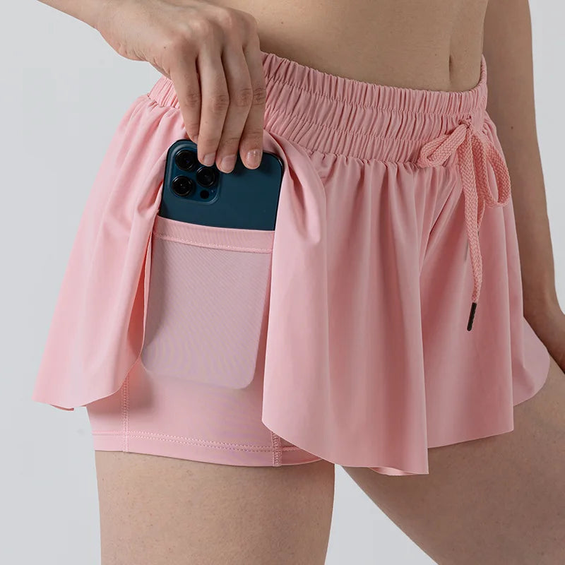 2 in 1 Flowy Sports Shorts Women Running Short Butterfly Tennis Skirt with Pockets Gym Yoga Athletic Biker Spandex Skirts Summer