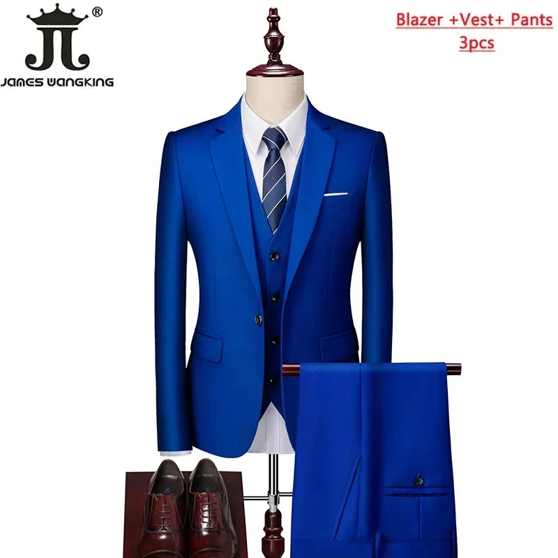 M-6XL 15 Colors ( Jacket+Vest+Pants ) Formal Business Office Men's Suits Groom Wedding Dress Party Dress Solid Color Suit