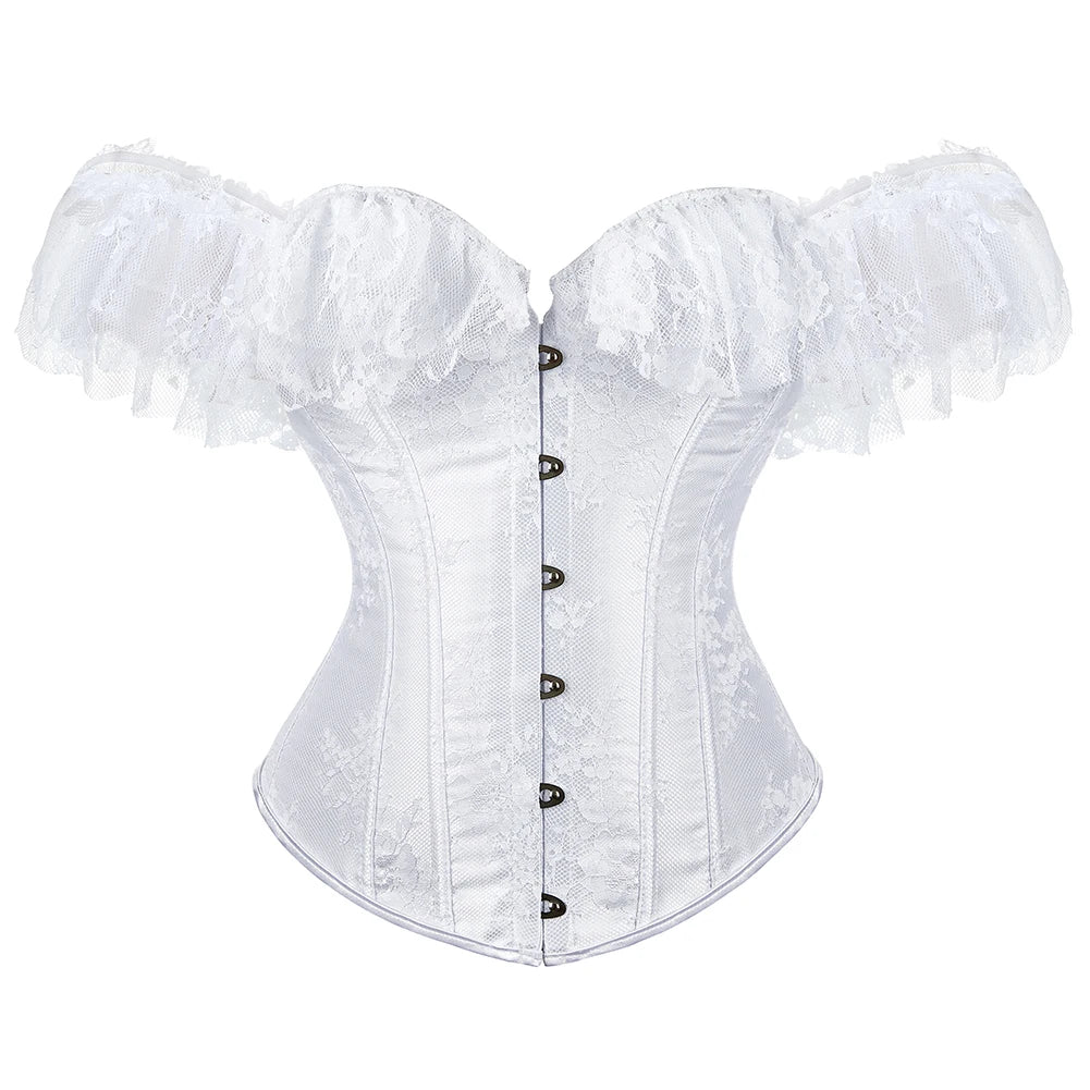 Lace Sleeves Off Shoulder Floral Overbust Corset Princess Elegant Corsets Victorian Women Sexy Bustier Showgirl Party Costume