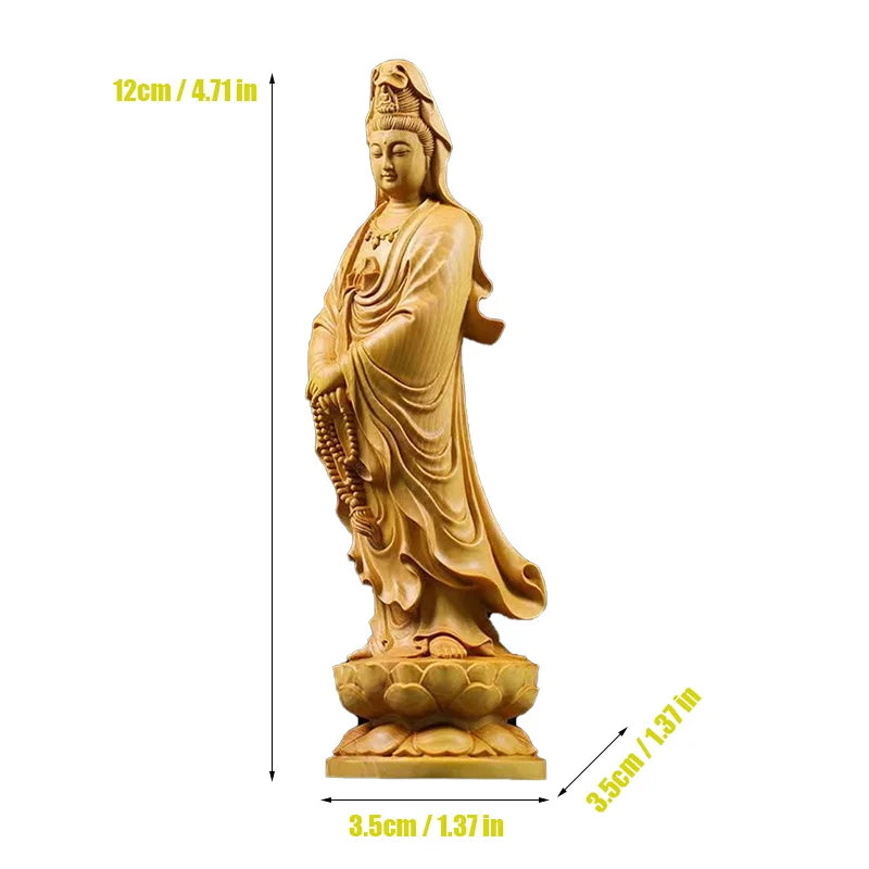 Natural Cypress Lotus Guanyin Small Statue  Chinese Buddha Statues Home Room Office Car Feng Shui Figure Statue Log Color4.71 in