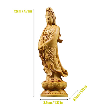 Natural Cypress Lotus Guanyin Small Statue  Chinese Buddha Statues Home Room Office Car Feng Shui Figure Statue Log Color4.71 in