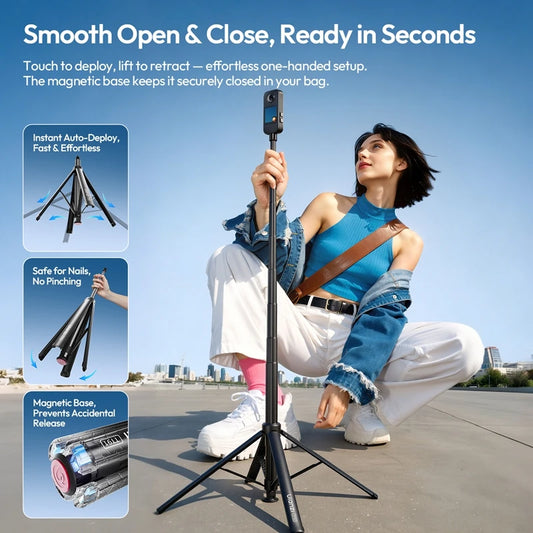 Ulanzi TT91 Auto-Open Extension Pole Selfie Stick Ground Tripod with 1/4'' Mount for Action Camera for Insta 360 for Vlog Video