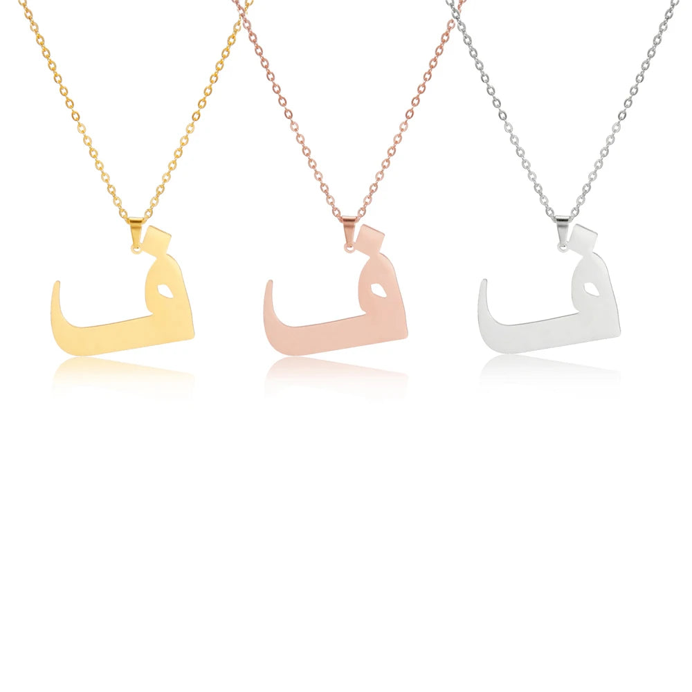 EUEAVAN Arabic Letter Pendant Necklace for Women Men Stainless Steel Arab Initial Alphabet Necklaces Lucky Amulet Muslim Jewelry
