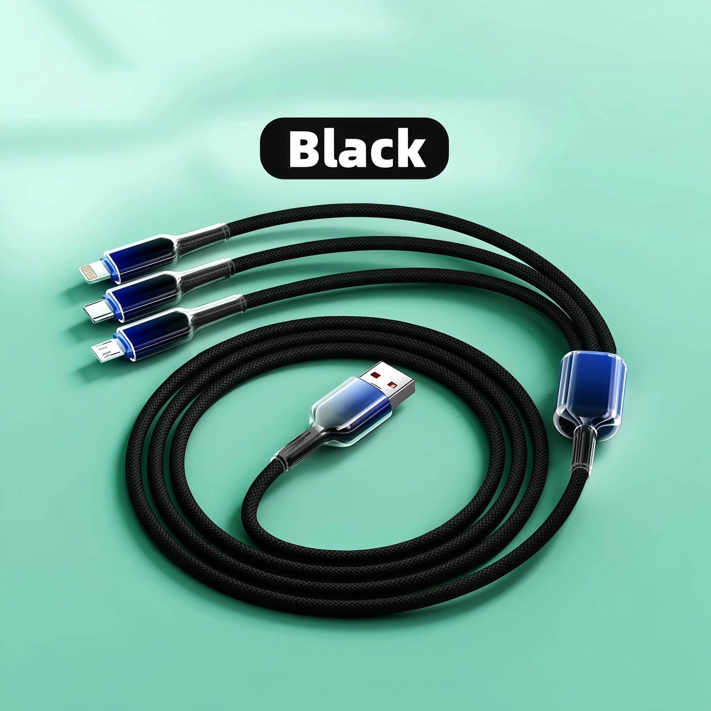 3-In-1 Super Fast Charging Cable, 3-In-1 Charging Cable With Transparent Illuminated Braided Nylon Wire, Fast Charging Data