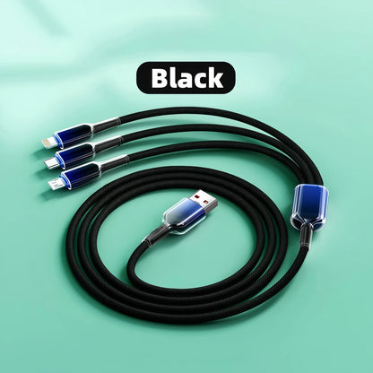 3-In-1 Super Fast Charging Cable, 3-In-1 Charging Cable With Transparent Illuminated Braided Nylon Wire, Fast Charging Data