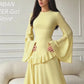 Cream-Colored Round-Neck, Flared Long-Sleeve, Ruffled Waist, Slim-Fit Chiffon Long Dress, Gentle and Modest Wedding Muslim Banquet Evening Gown