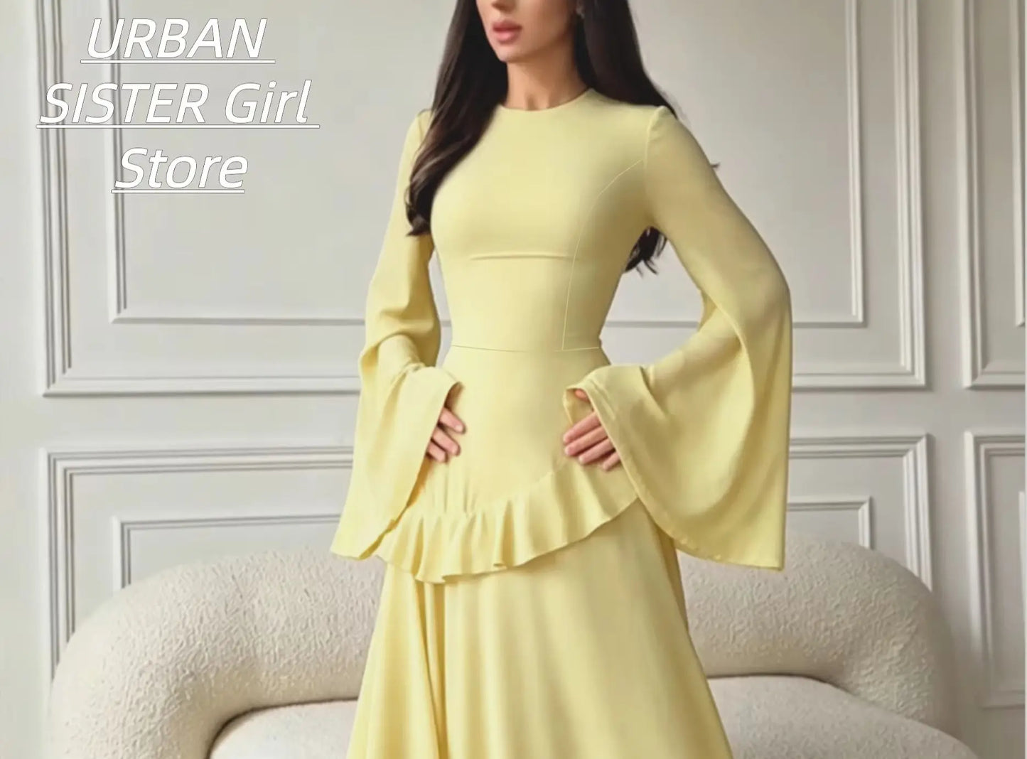 Cream-Colored Round-Neck, Flared Long-Sleeve, Ruffled Waist, Slim-Fit Chiffon Long Dress, Gentle and Modest Wedding Muslim Banquet Evening Gown