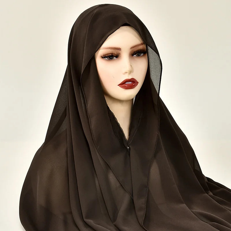 Chiffon Instant Hijab With Bulit-in Magnets Muslim Woman Hijab Solid Color Easy To Wear Shawl Wrap With Undercap Famme Headscarf