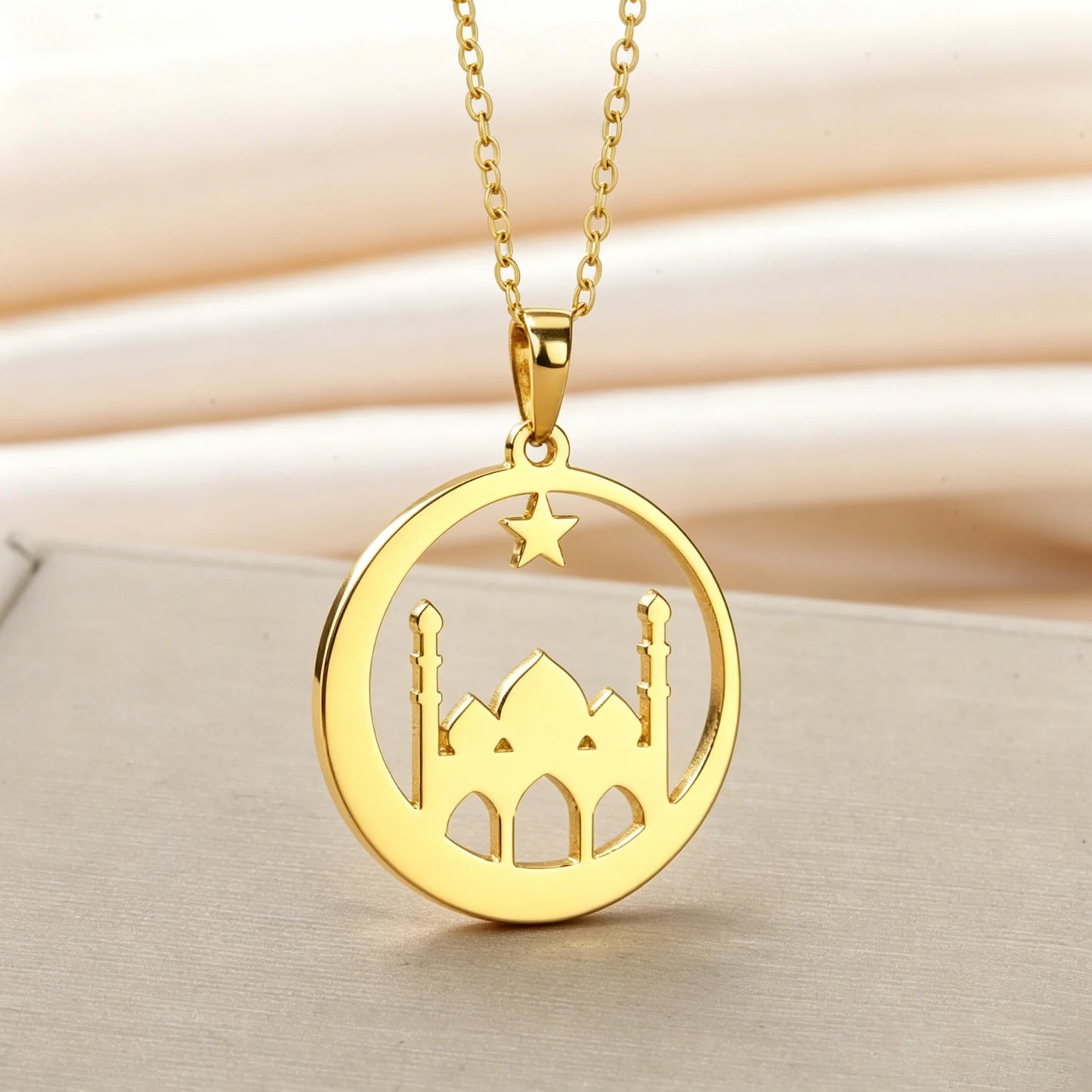 Mosque Crescent Star Necklace Stainless Steel Islamic Jewelry Muslim Eid Ramadan Pendant Gifts Her Minimalist Religious Neckwear