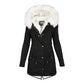 Thicken Women Winter Cotton Coat Faux Fur Hood Fleece Zip-up Button Jacket Windproof Mid Length Slim Outerwear