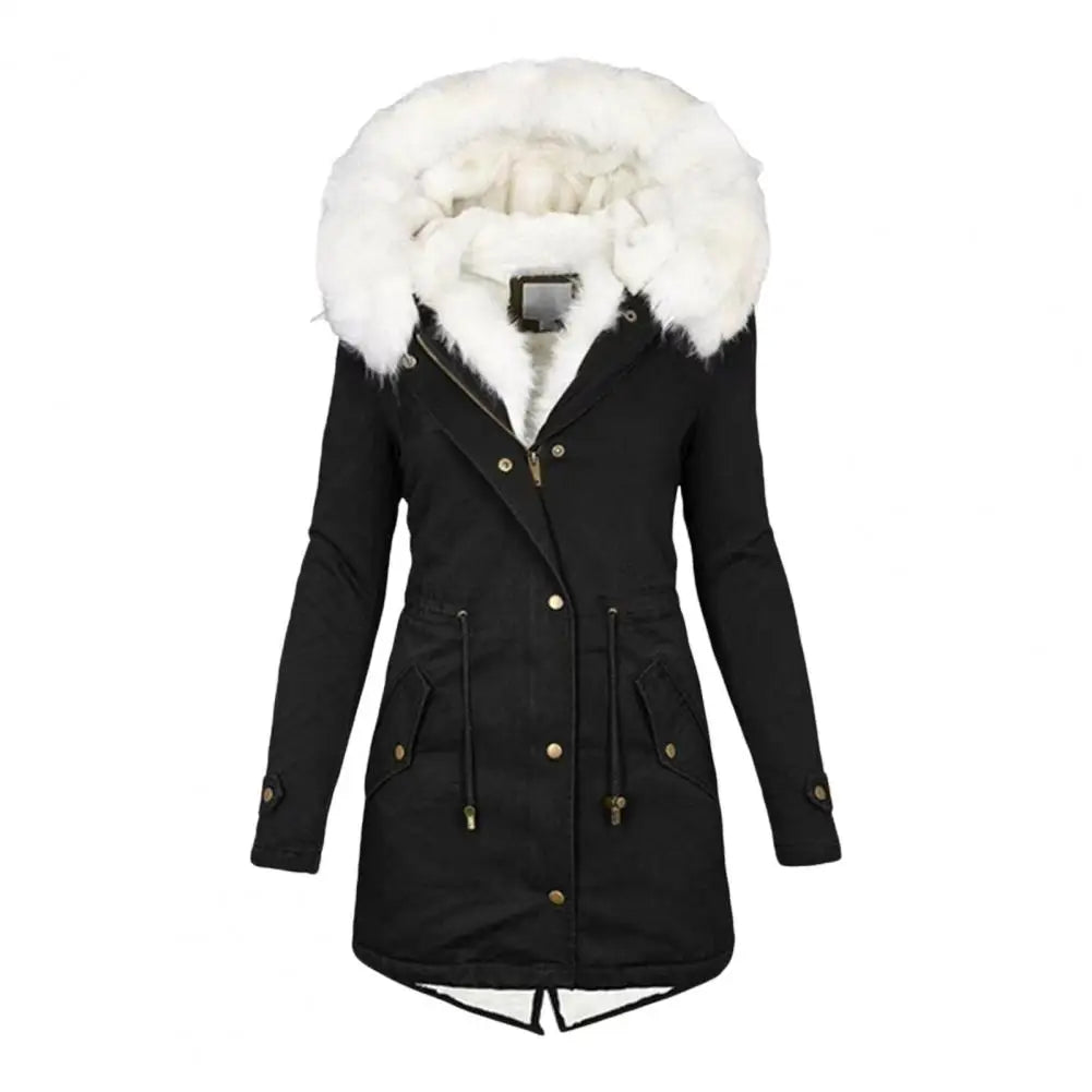 Thicken Women Winter Cotton Coat Faux Fur Hood Fleece Zip-up Button Jacket Windproof Mid Length Slim Outerwear