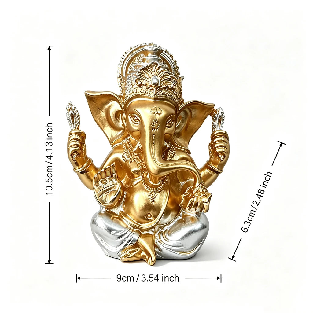 Golden Ganesha Statue Resin Figurine Hindu Elephant God Sculpture Lucky Decor for Home Living Room Office Meditation Room Gift