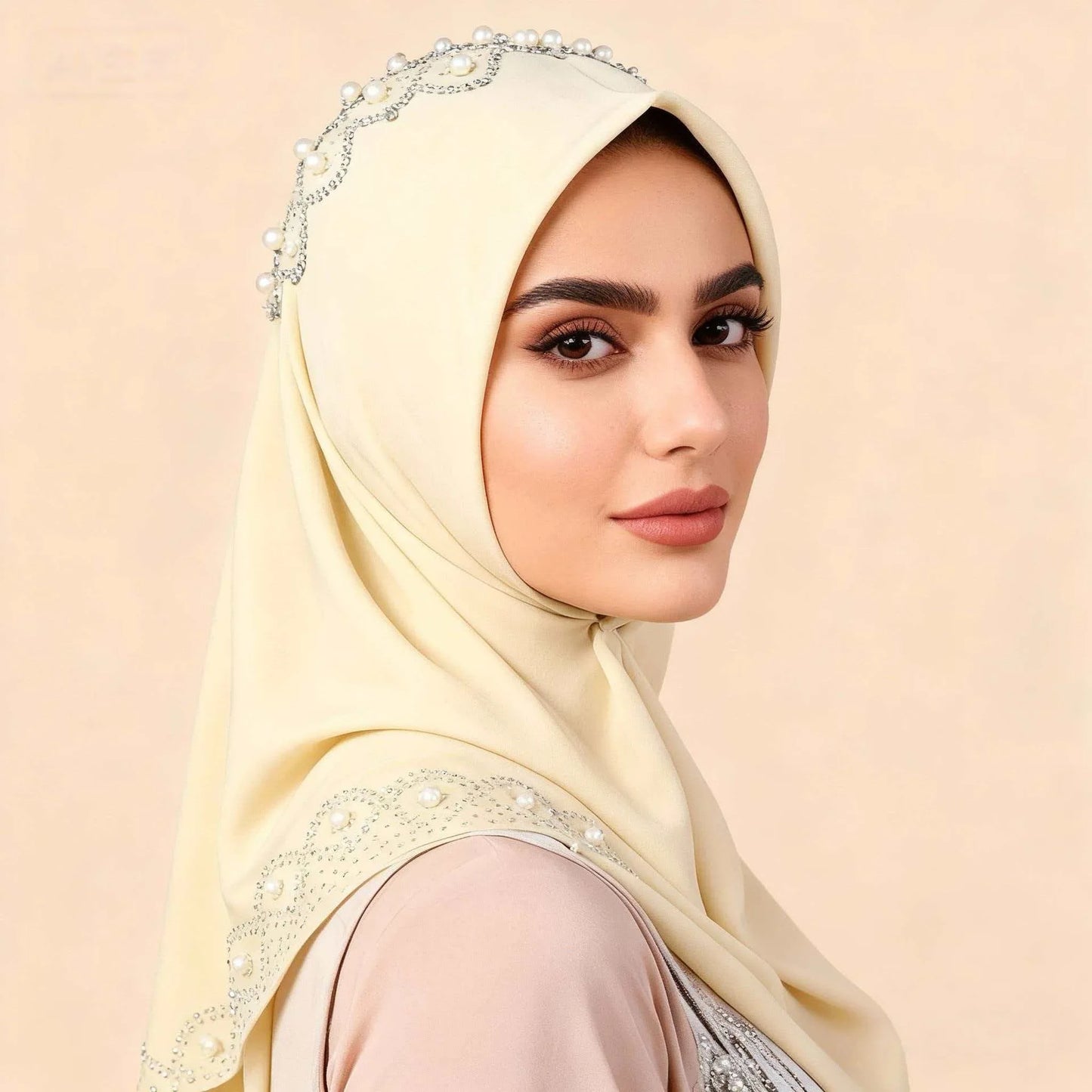 Muslim Square Scarf Women Fashion Rhinestone Hijab Arab Headwrap Turban Headband Pearl Chiffon Islamic Headscarf  Free Pin