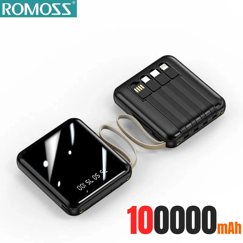 ROMOSS 500000mAh Power Bank Built in 4 Cables Portable Super Fast Charging Digital Display External Battery For iPhone Samsung