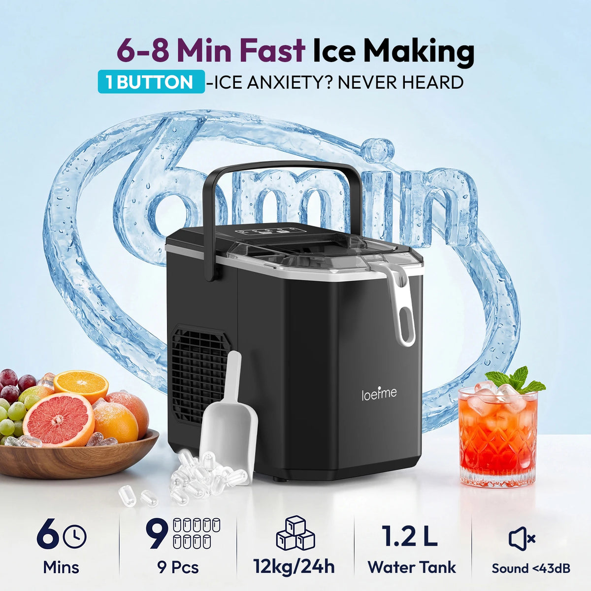 LOEFME 12kg/24h Electric Ice Maker Machine Bullet Ice 6 Mins 9pcs Ice Cubes Self-Cleaning Ice Maker for Home Cafes Camping Party