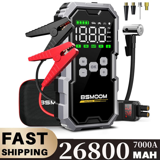 150PSI Air Pump Car Battery Emergency Boosters ,7000A/1500A PEAK Car Jump Starter Power Bank ,Portable Starting Device Car Starter New,Cars with USB Ports And LED Flashlight, 26800mAh/21800mAh Portable Car Jump Starter, Batte