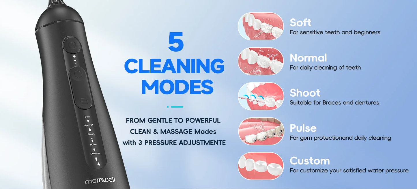 Portable Oral Irrigator with 5 Jet Tips , 5 Cleaning Modes of 3 water pressure , 300ml Water Tank IPX7 Waterproof Water Flosser