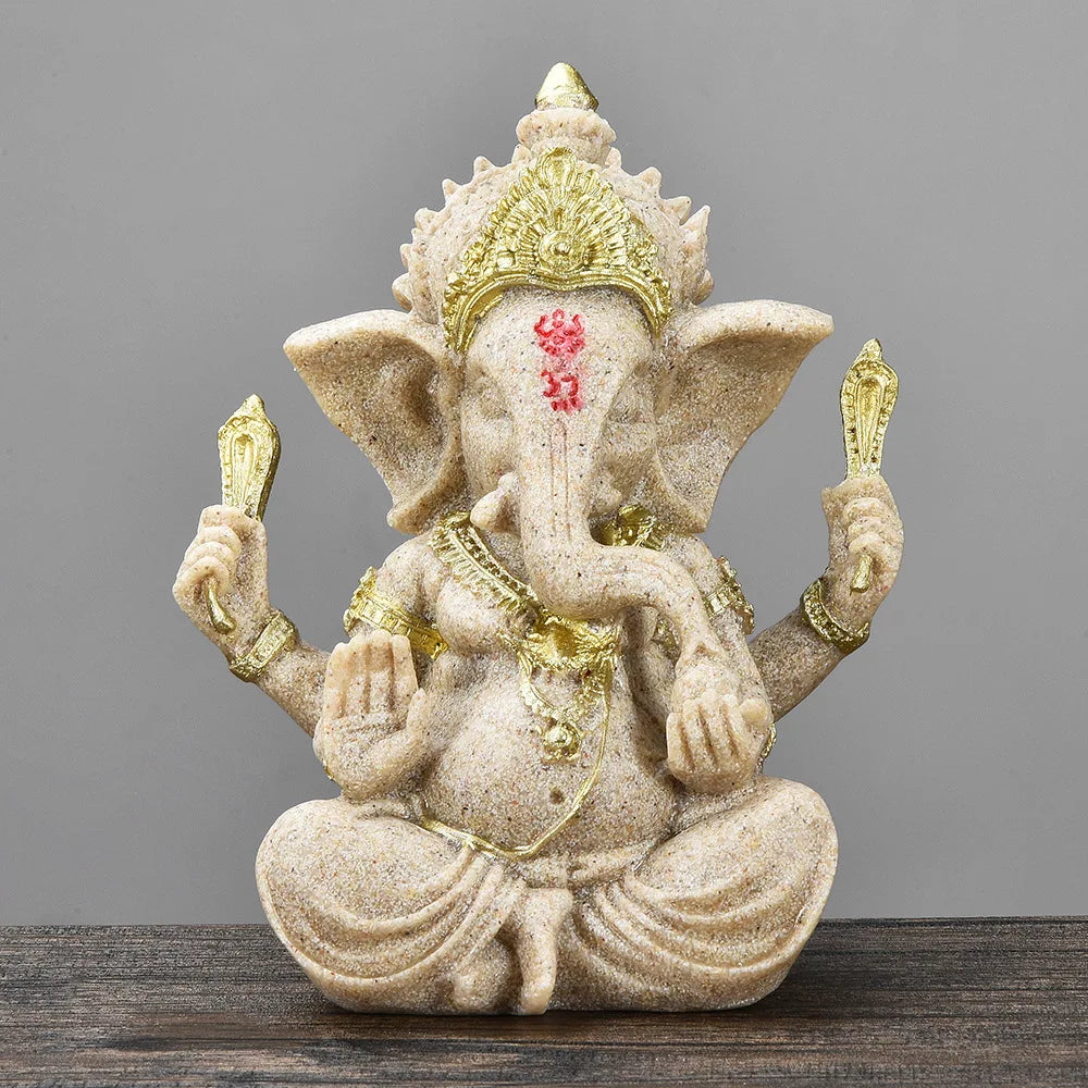 Hindu Ganesha Buddha Elephant Statue Golden Sandstone Ganesha Figurine Tabletop Decoration Ornament Elephant Figurine Home Decor