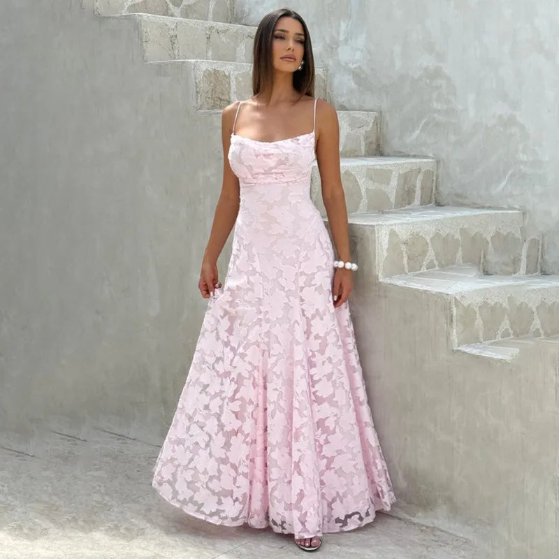 Elegant Jacquard Lace Spaghetti Straps Maxi Dress Backless Tie Square Neck Floor Length A Line Dress Evening Wedding Graduation