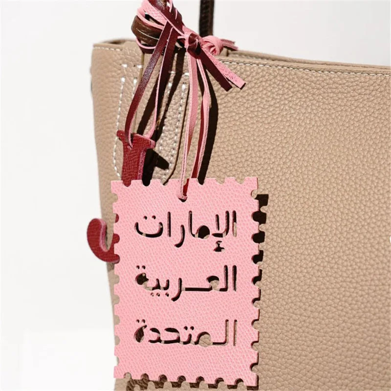 Square Leather UAE Letter Pendant Arabic Travel Label Hanging Ornament Women's Handbag Bag Pendant Personalized Creative Gift