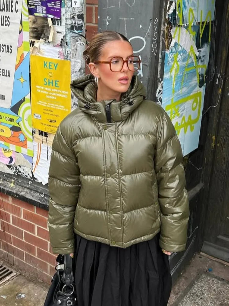 Women Hooded Thicken Warm Cotton Jacket Zipper Fashion Glossy Snow Winter Loose Female Coat Lace Up Casual Down Puffer Outwear