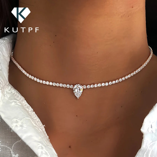 Certified Full Moissanite Riviera Tennis Necklace with Waterdrop Diamond Pendant for Women 925 Sterling Silver Adjustable Choker