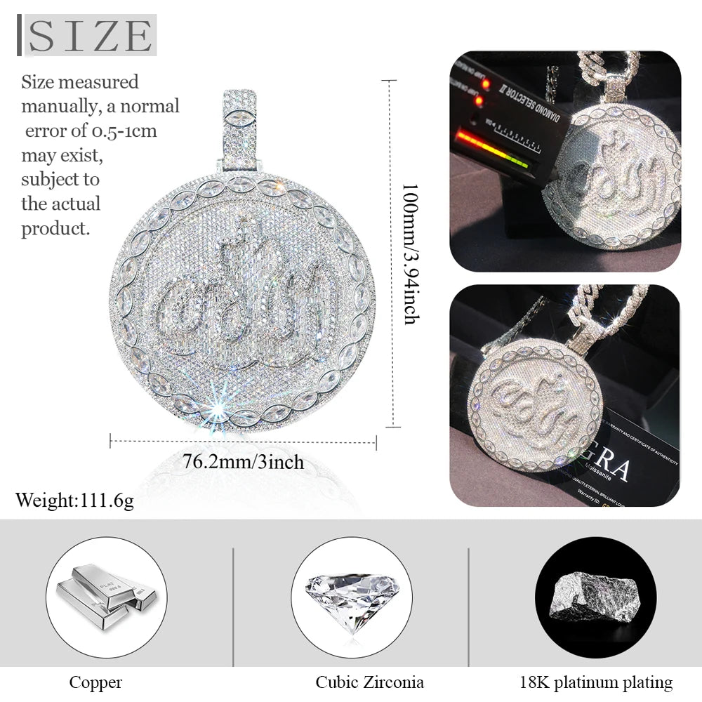 18K Gold Plated Round Allah Zircon Pendant Islamic Hip Hop Jewelry For Men Micro Pave Charm Marquise Stone For Faith Reverence Peace Protection Street Rap Gift For Muslim Men Boy Friends Rappers Fine Jewelry Gifts Iced Out Cu
