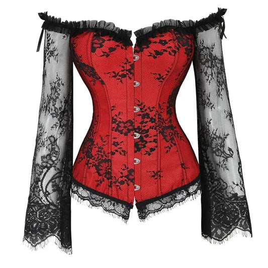 Victorian Women Corset Top Off Shoulder Sleeves Retro Burlesque Lace Bustier Shapewear Gothic Vintage Overbust Corselet