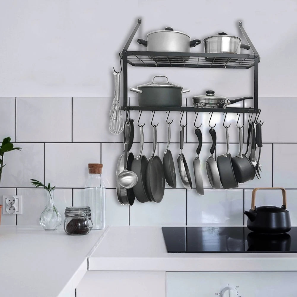 【Lifeideas】Rustproof Wall Mounted Pot Rack Pan Hanger for Kitchen Storage Organization Easy Setup 2Tier Pot Shelf