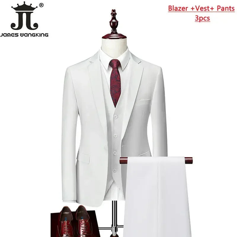 M-6XL 15 Colors ( Jacket+Vest+Pants ) Formal Business Office Men's Suits Groom Wedding Dress Party Dress Solid Color Suit