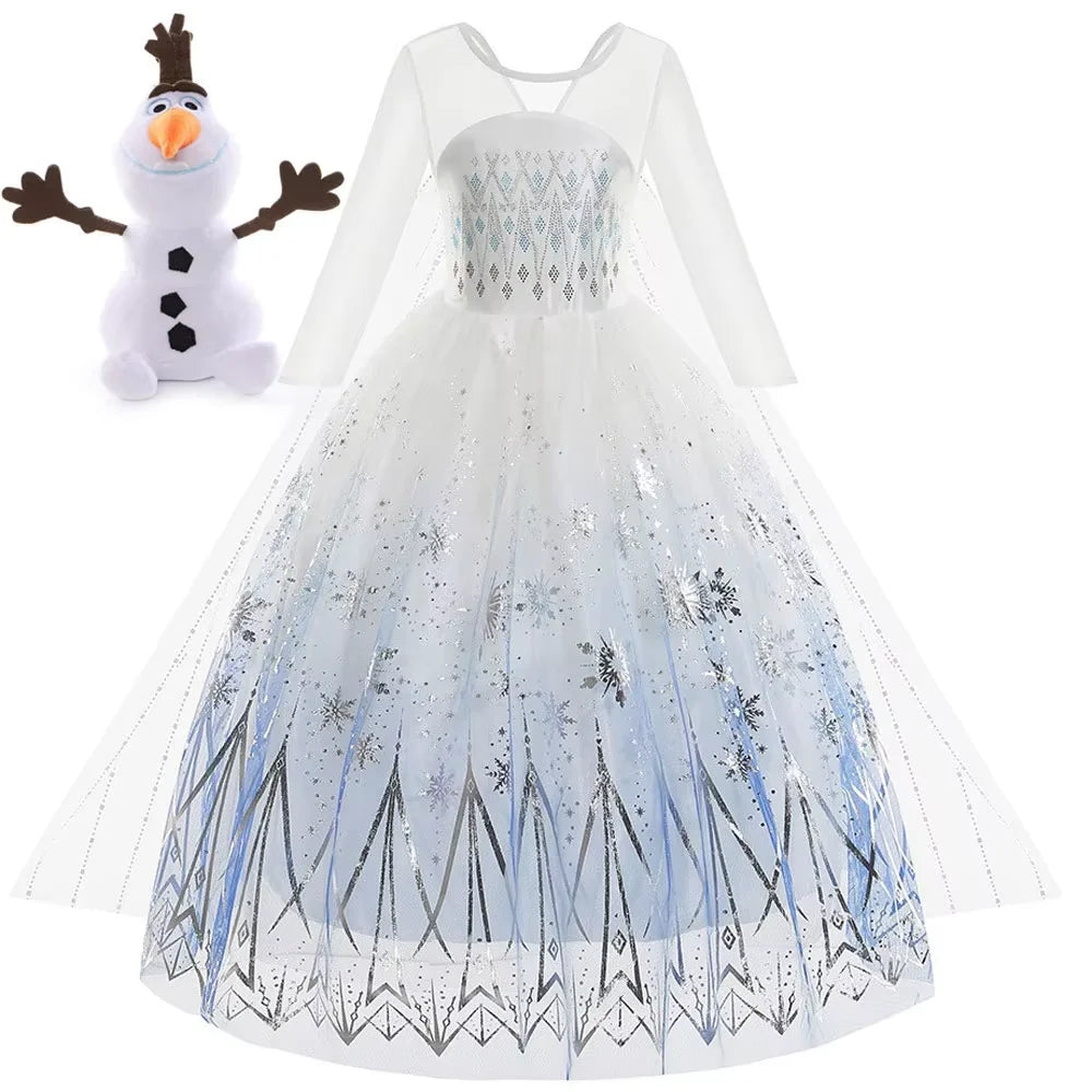 Disney Elsa Princess Dress For Girl White Printed Long-Sleeved Lace Dress Festive Party Gift Set Frozen Dress Fire Spirit Olaf