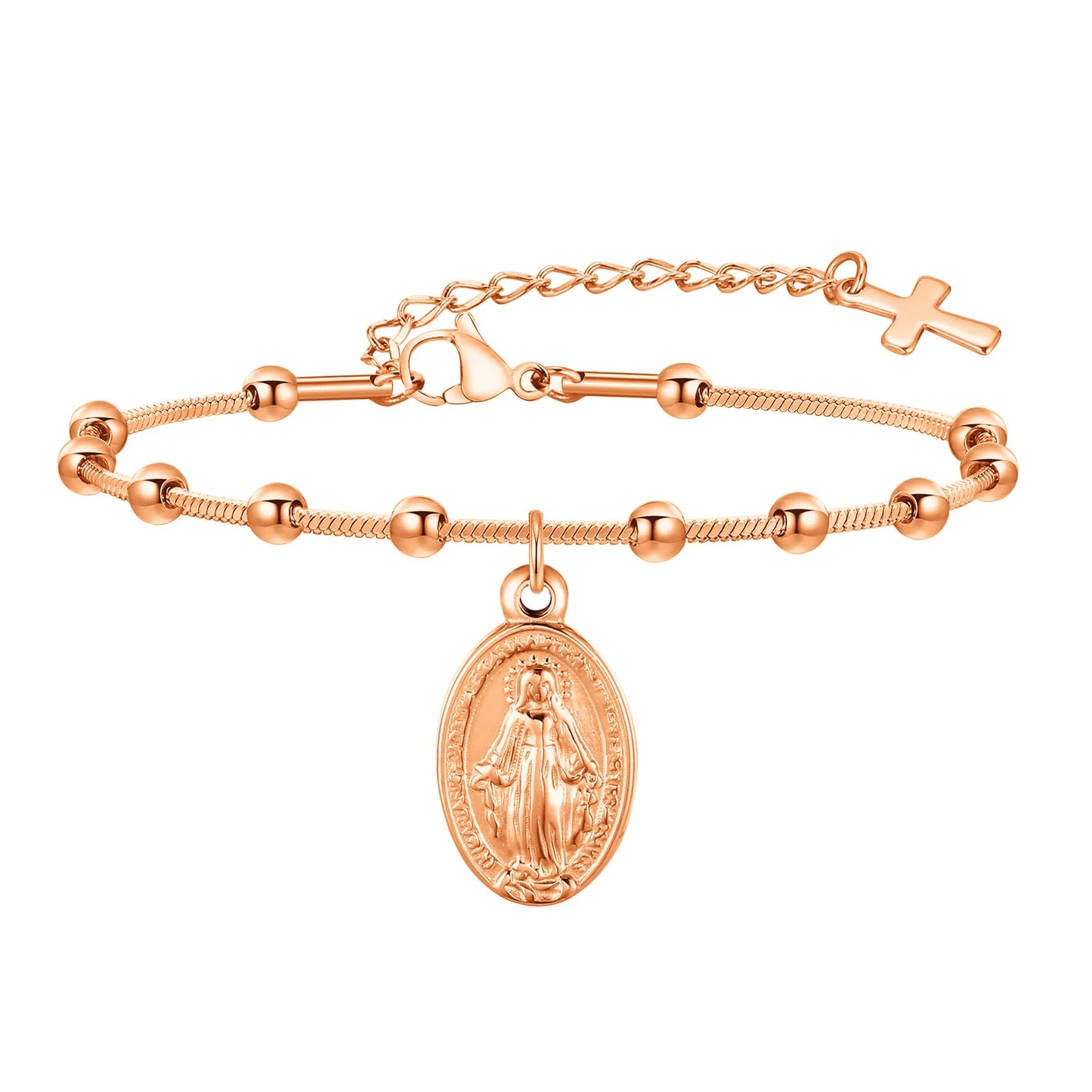 Vnox Rosary Bracelet for Women Girls, Gold Plated Stainless Steel Religious Cross and Virgin Mary Prayer Bracelets Gifts