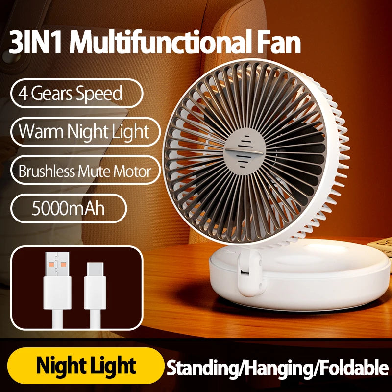 5000mAh Rechargeable 3 IN 1 Multifunctional Fan 4 Speed 90° Folding Wall Mounted Portable Fan with Warm Night Light