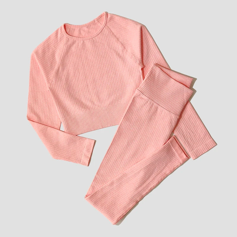 Women's Sportswear Yoga Set Workout Clothes Athletic Wear Sports Gym Legging Seamless Fitness Bra Crop Top Long Sleeve Yoga Suit