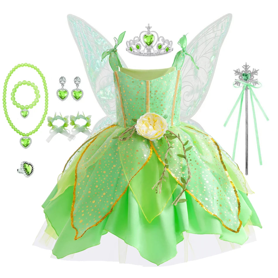 Girls Flower Fairy Dress Up Kids Princess Dress With Wings Halloween Princess Costume Elves Party Tinkerbell Tinker Bell Dress