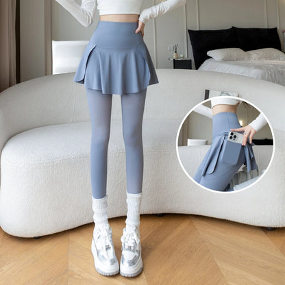Women Fake Two Pieces Leggings Seamless Fitness Leggings High Waist with Pocket Elastic Slim Fashion Hip Liftting Yoga Pants