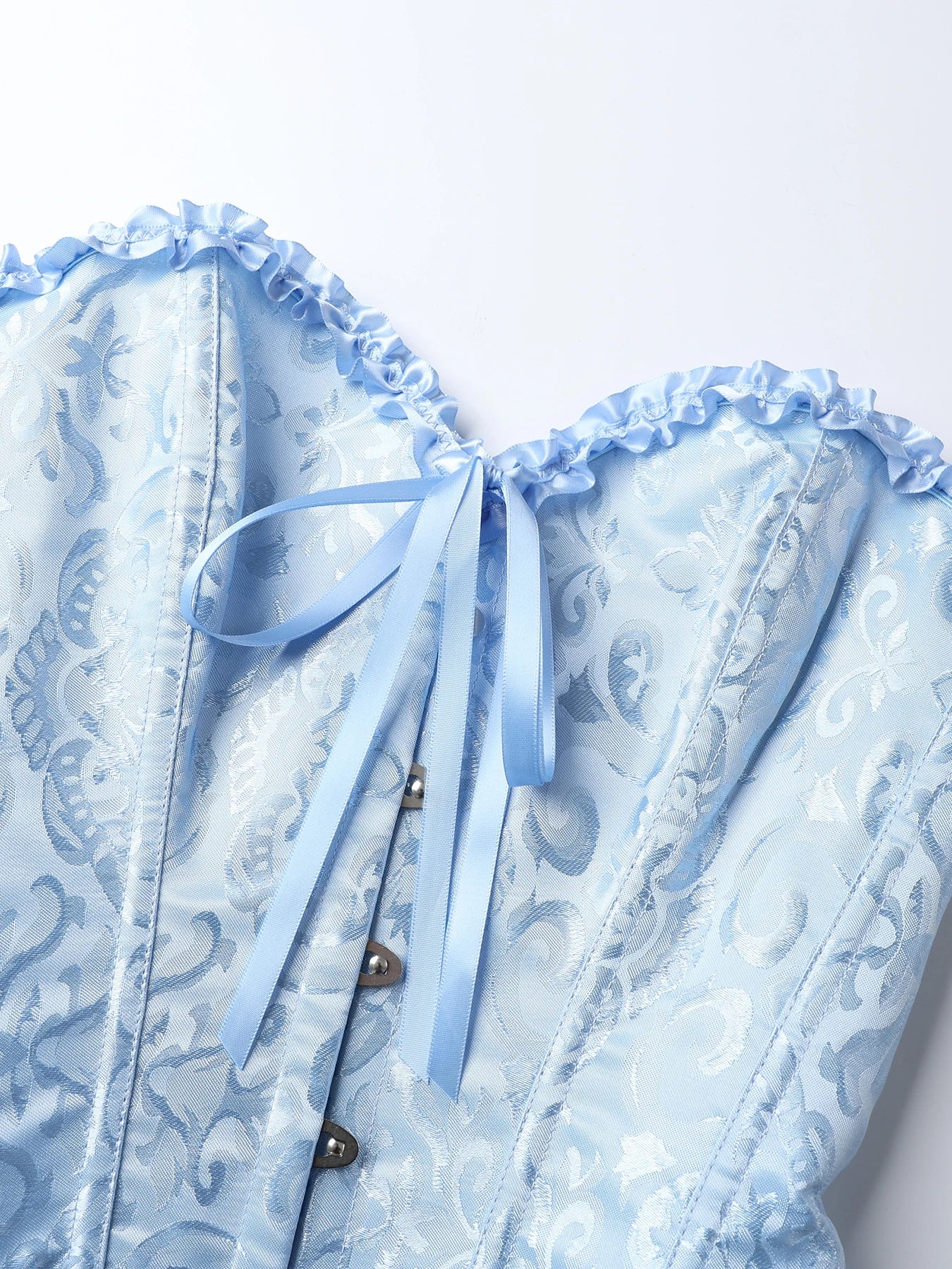 Women's Strapless Sweetheart Corset Light Blue Floral Jacquard Ruffle Frill Bustier