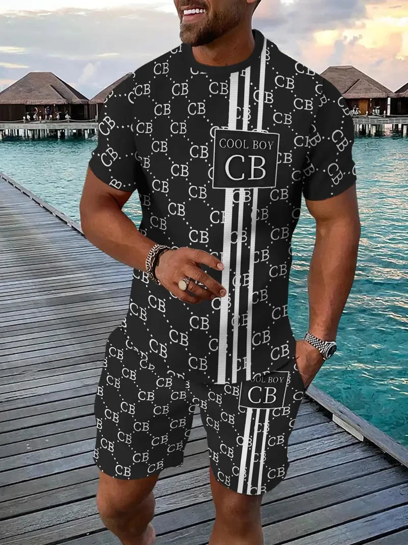 2025 Summer Men's Clothing Letter Print Short Sleeve Top Men's Elastic Waist Shorts 2-piece Set Plus Size T Shirts Shorts Set
