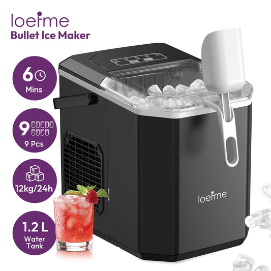 LOEFME 12kg/24h Electric Ice Maker Machine Bullet Ice 6 Mins 9pcs Ice Cubes Self-Cleaning Ice Maker for Home Cafes Camping Party