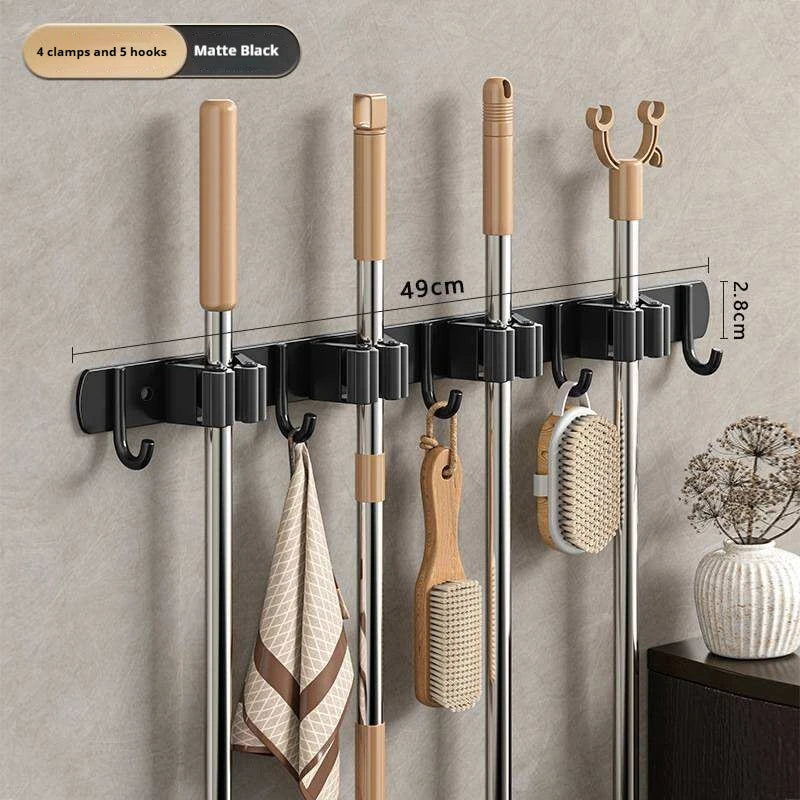 Stainless Steel Mop Broom Holder Wall Mounted No-Drilling Self Adhesive Heavy Duty Utility Storage Rack Garage Garden Organizer