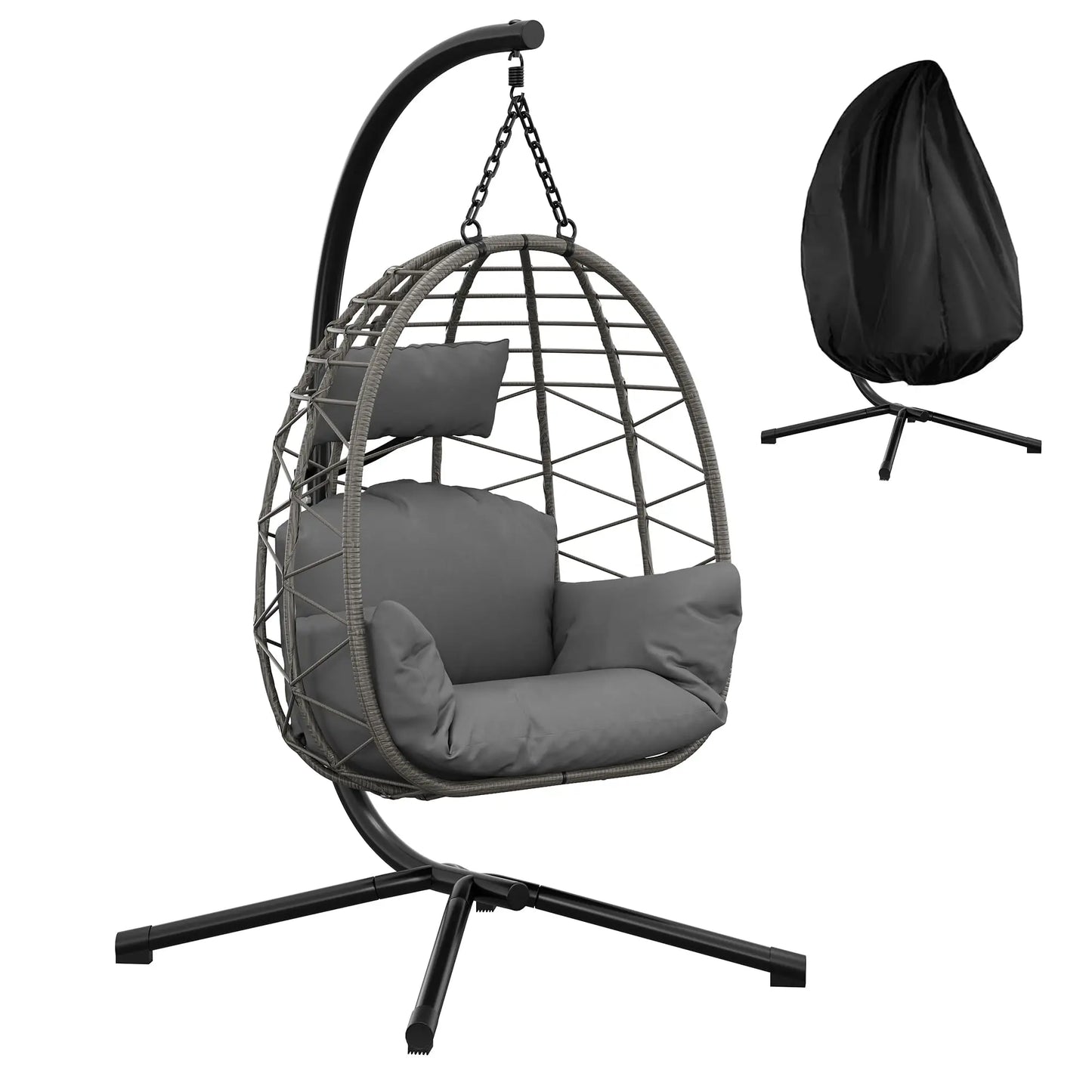 Foldable Rattan Swing Egg Chair With Metal Stand Indoor Outdoor Hanging Hammock Chair Weatherproof Patio Garden Furniture